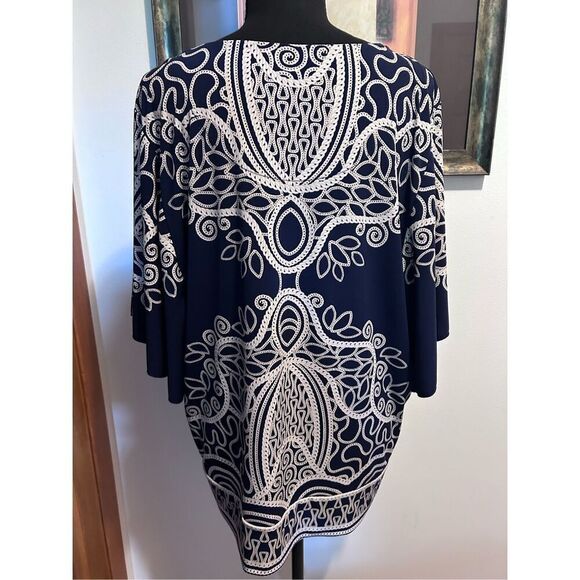 JM Collection Women’s Size XL Navy Blue Printed Design Round Neck Short Sleeve B - Picture 2 of 11